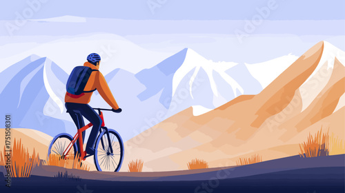 Mountain biker riding bicycle through scenic landscape adventure illustration