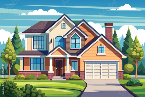 Modern suburban house with garden trees and blue sky Vector Illustration