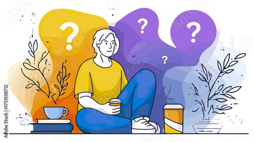 Person contemplating with question marks concept illustration