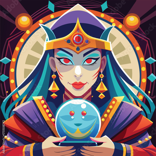 Mystic fortune teller reading crystal ball surrounded by candles Vector Illustration