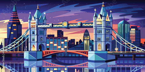 Night view of Tower Bridge in London reflecting lights on river Vector Illustration