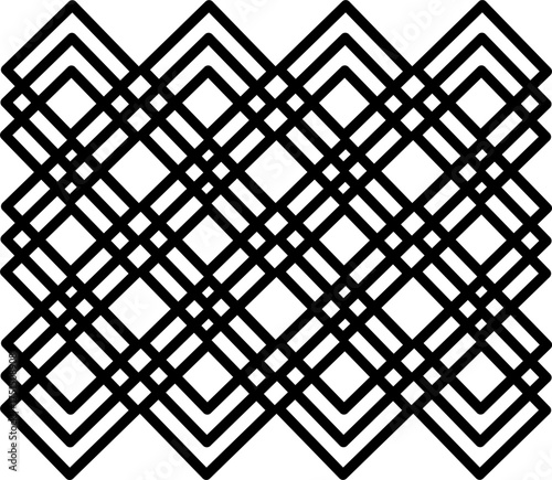 Seamless black and white geometric line pattern with overlapping diamond shapes, ideal for textiles, wallpapers, backgrounds, and modern minimalist designs.
