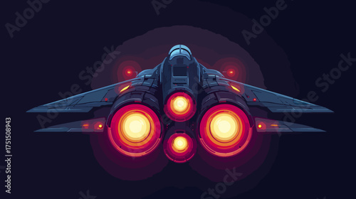 Illustration of a spaceship with glowing engines against a dark background
