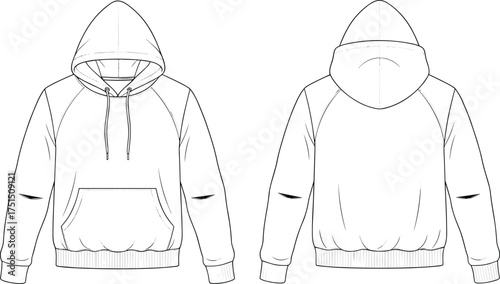 CAD drawing flat vector illustration, classic unisex hoodie technical fashion sketch, pullover sweatshirt front and back view, apparel design template