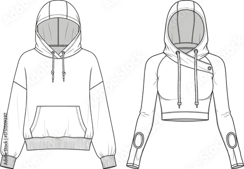 CAD drawing flat vector illustration, women hoodie technical fashion sketch, cropped and regular hoodie design template, apparel mockup illustration