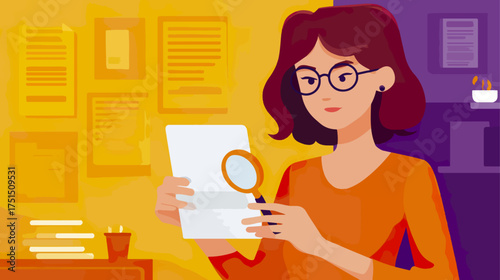 Woman examining documents with magnifying glass