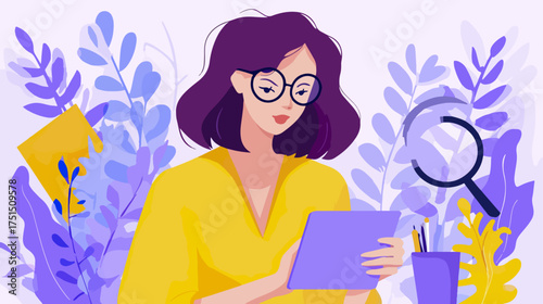 Woman with glasses using tablet in colorful illustration