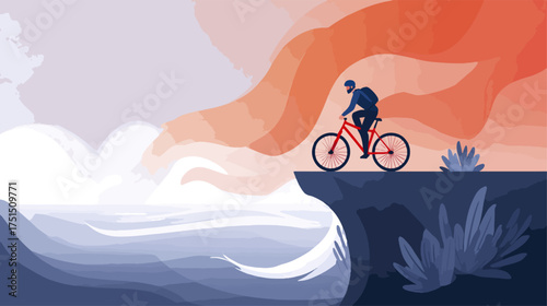 Cyclist on a bicycle overlooking the sea and the sunset