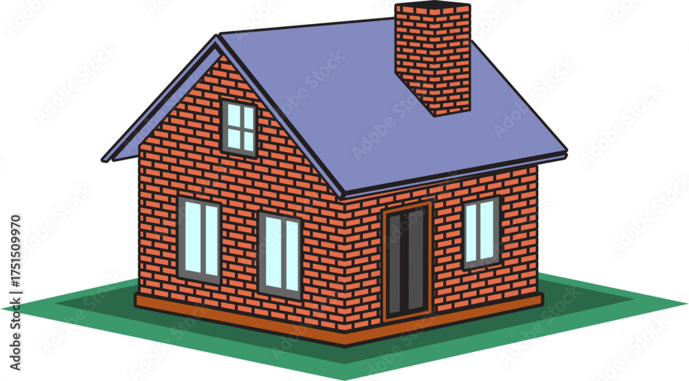 Casa de tijolos vermelhos isométrica com telhado azul – ilustração vetorial de arquitetura residencial
