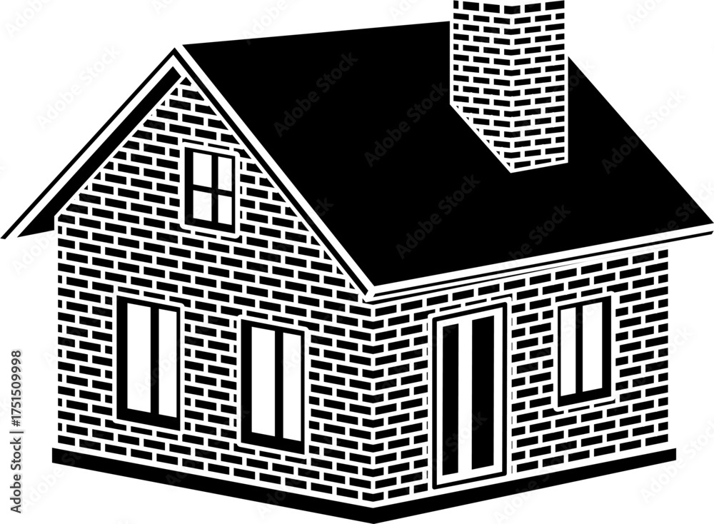 Casa de tijolos vermelhos isométrica com telhado azul – ilustração vetorial de arquitetura residencial - Monocromático