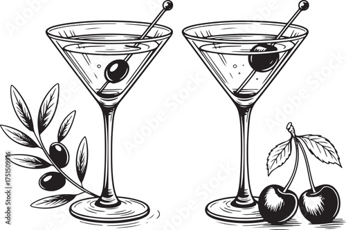 Martini Glasses Illustration with Olives and Cherries, Engraving Style on Transparent