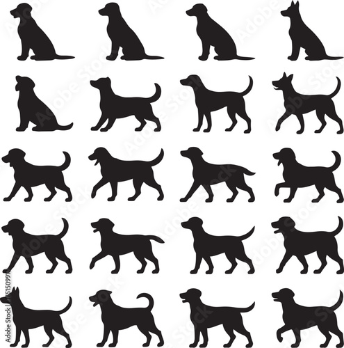 Dog Silhouettes Collection, Different Breeds, Poses Isolated on Transparent Background