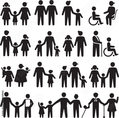 Family Icon Set Silhouette People Pictogram Illustration Man Woman Child Support Design