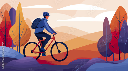 Person riding bicycle through autumn landscape illustration