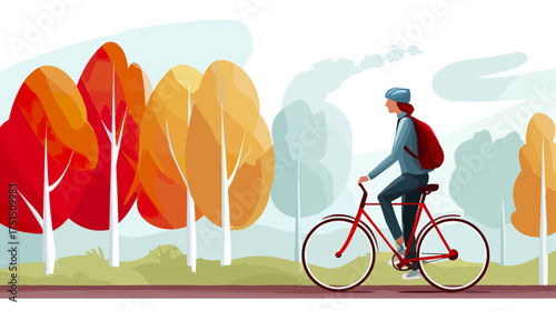 Cyclist riding bicycle through autumnal forest landscape illustration