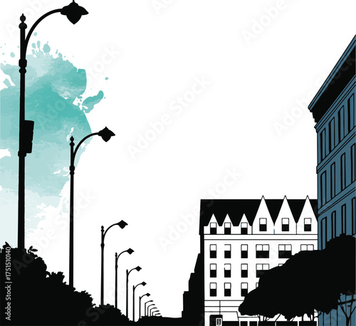 City Urban Street Town Building Facade Lamp Architecture Exterior Skyline Illustration
