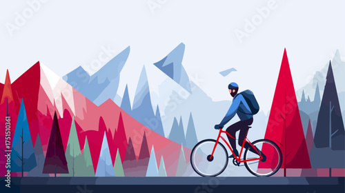 Cyclist riding bicycle through mountain landscape illustration