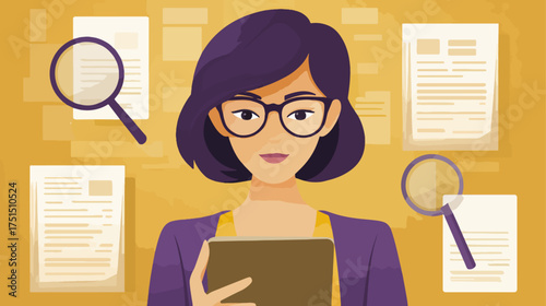 Professional woman examining documents and data illustration