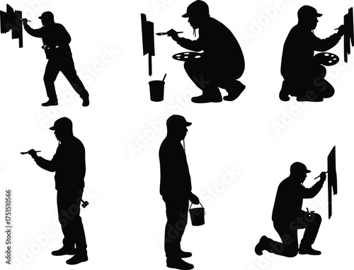 Painter silhouettes, wall painting, creative art, brush and bucket, mural design, artistic expression, modern lifestyle, urban culture, craftsmanship, illustration, creativity