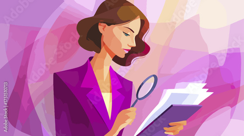 Businesswoman examining documents with magnifying glass illustration