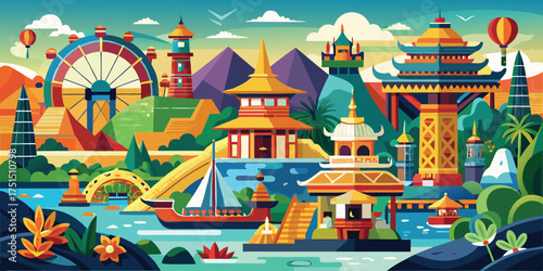 Thailand landmarks travel destination, asian temple architecture vector illustration