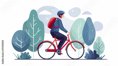Person riding bicycle through park trees illustration