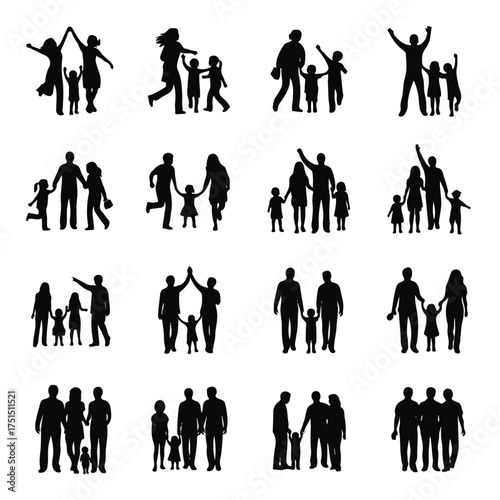 Family silhouettes celebrate together in various poses against white background, symbolizing unity and joy.