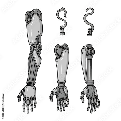 Mechanical prosthetic arms displayed with hook attachments showing technological advancements in medical field, highlighting innovation and hope.