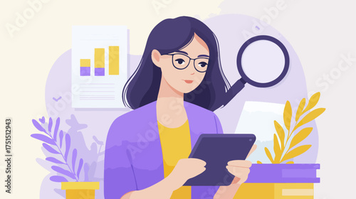 Woman with glasses analyzing data with tablet and magnifying glass