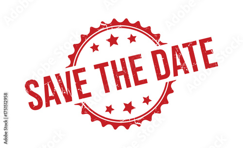 Save The Date Round Stamp Red Ink Rubber Texture on Transparent Background