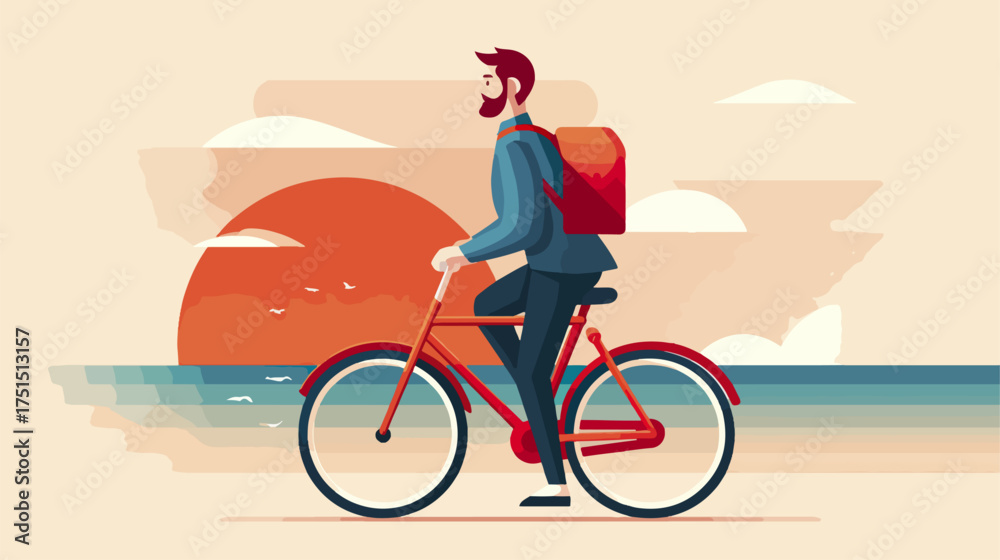Fototapeta premium Man riding bicycle at sunset stylized illustration