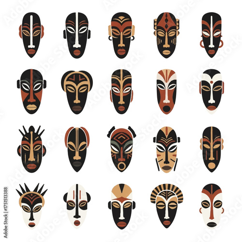 Collection of african masks displayed in a museum exhibit showcasing cultural heritage and artistic expression with intricate patterns and vibrant colors.