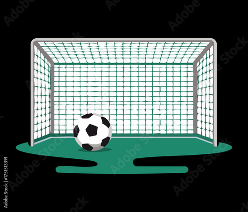 Soccer Ball Inside the Goal Net with Shadow on the Grass Surface Against a Dark Black Backdrop Sports Vector