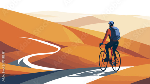Cyclist riding bicycle through rolling landscape vector illustration