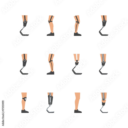 Different types of prosthetic legs shown in various angles on a white surface, showcasing modern medical advancements and accessibility for people with disabilities.