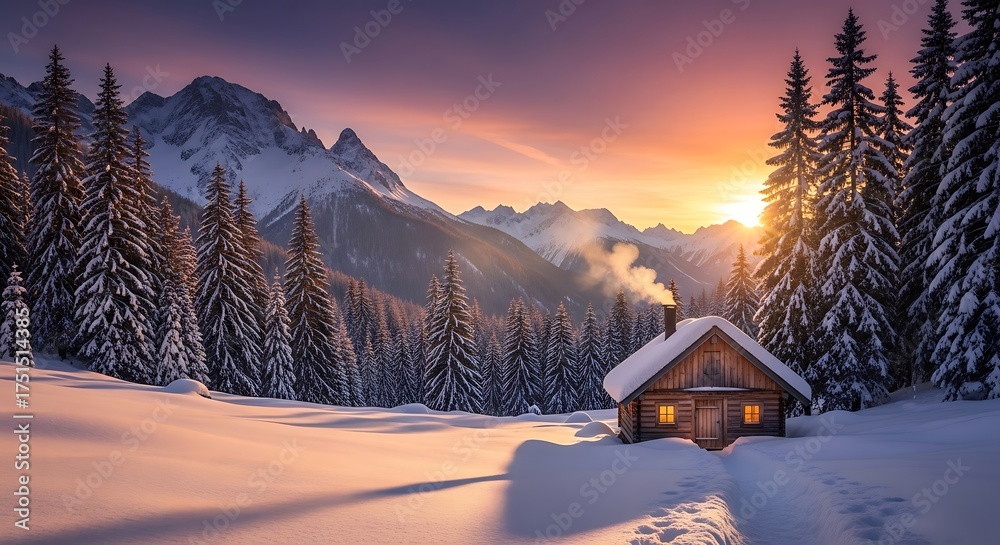 Fototapeta premium Cozy cabin in snowy mountain landscape at sunset