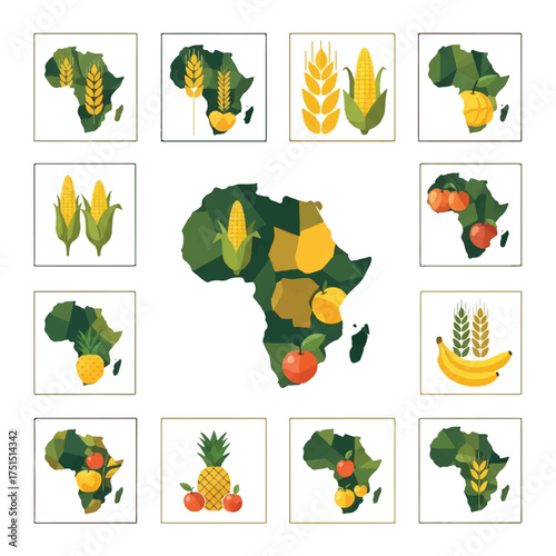 Africa map displaying various crops and fruits, representing agricultural diversity and food production across the continent, showcasing regional variations and economic significance.