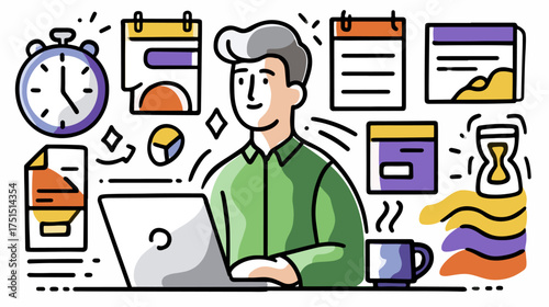 Office worker with laptop and time management elements vector illustration