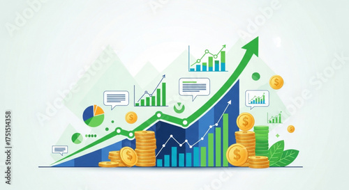Financial growth chart with arrow going up, investment and success concept vector illustration of business growth