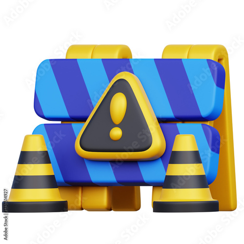 3D Rendering of Yellow and Blue Construction Barrier with Warning Sign and Traffic Cones Indicating Under Maintenance or Temporary Closure Due to Work