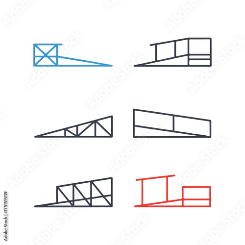 Various skatepark ramps displayed as line art on a white canvas, showcasing different angles and construction styles for skateboarding enthusiasts.