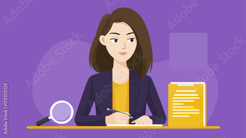 Woman writing with magnifying glass and documents concept illustration