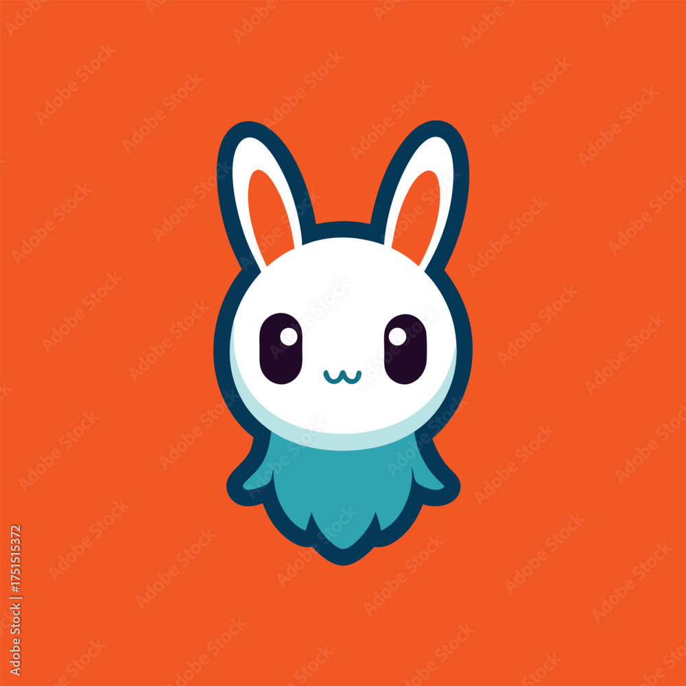 Obraz premium Cute cartoon white rabbit with blue body on orange background