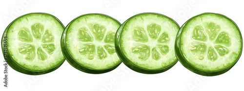 Four cucumber slices, circular, with seeds, lined up in a row