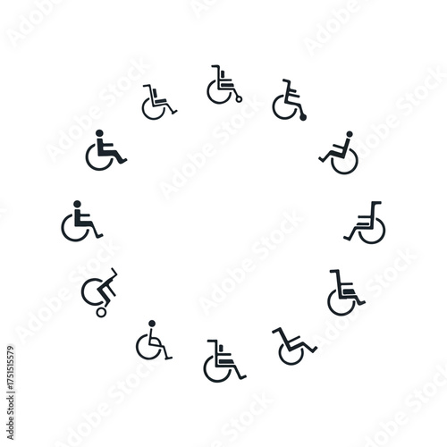 Wheelchair symbols arranged in a circle representing accessibility and inclusivity on a white background, promoting awareness and support for people with disabilities.