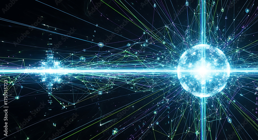 Obraz premium Glowing sphere with network connections and lines on a dark background abstract technology concept