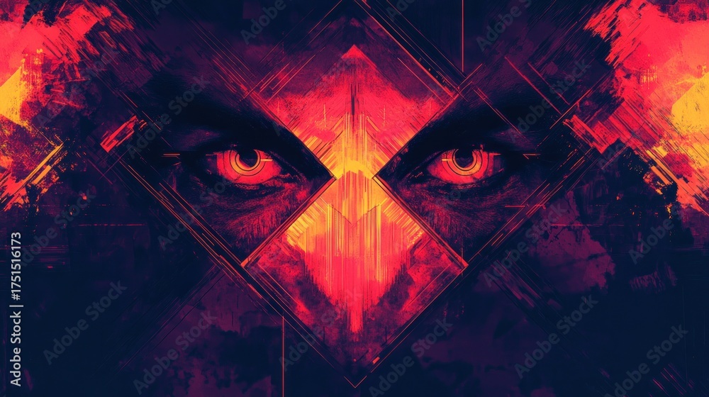 Fototapeta premium Abstract art, close-up, intense, demonic, eyes, vibrant, red, orange, yellow, dark, graphic