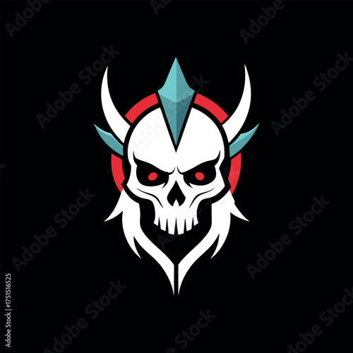 Stylized skull with horns and red eyes on black background