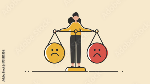 Woman balancing sad faces on scales concept illustration
