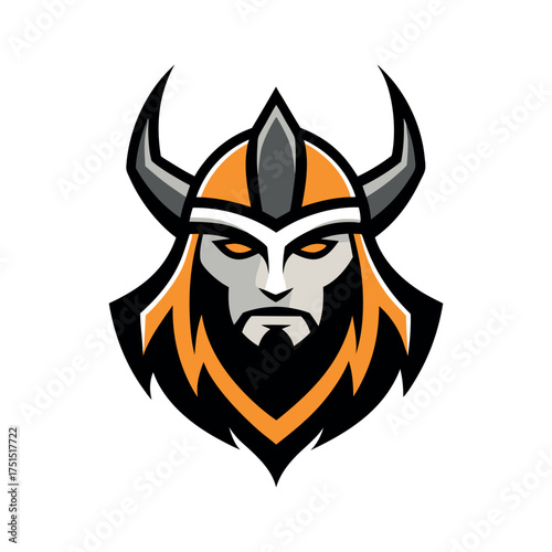 Fierce viking warrior mascot head with horned helmet